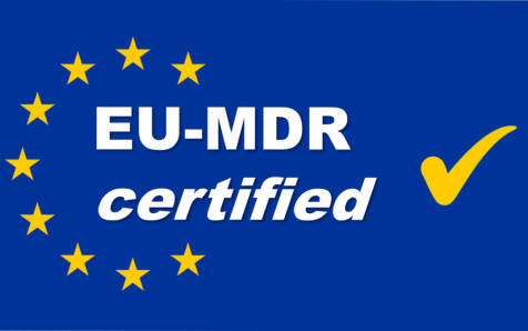 Blue background with yellow stars forming a circle on the left, reminiscent of the EU flag. Text reads "EU-MDR certified" in white, emphasizing its compliance within medical aesthetics. A yellow checkmark on the right symbolizes certification.