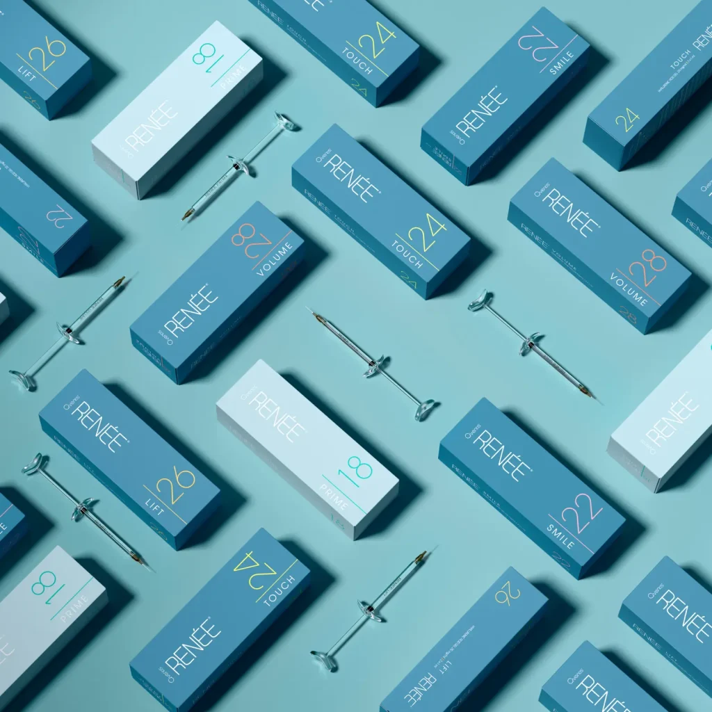 A blue background with boxes of skin care products arranged diagonally. Each box is labeled with numbers and type of treatment, like "Lift," "Volume," and "Smile." Small metal applicators are scattered among the boxes.