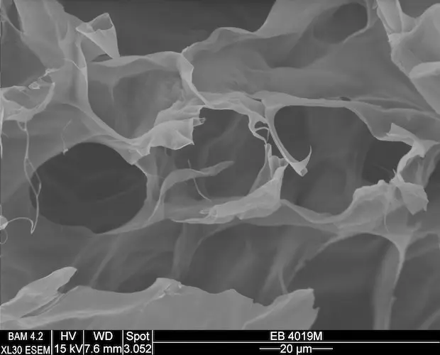 Black and white SEM image showing thin, wavy, and layered graphene sheets with a crumpled, porous structure. Captured on a leading development platform. Measurement scale bar at the bottom right indicates 20 micrometers.