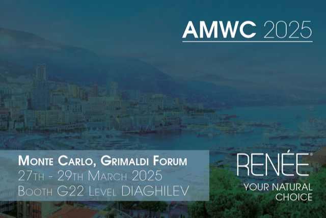An event announcement for AMWC 2025 in Monte Carlo at the Grimaldi Forum, March 27-29, 2025. RENÉE is highlighted as "Your Natural Choice." The background shows a cityscape by the sea.