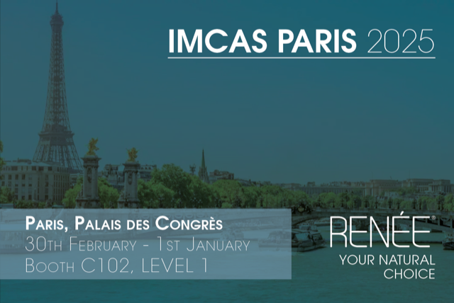 Blue-toned promotional banner for IMCAS Paris 2025 featuring the Eiffel Tower. Event details: Paris, Palais des Congrès, 30th February - 1st January, Booth C102, Level 1. RENÉE Your Natural Choice.