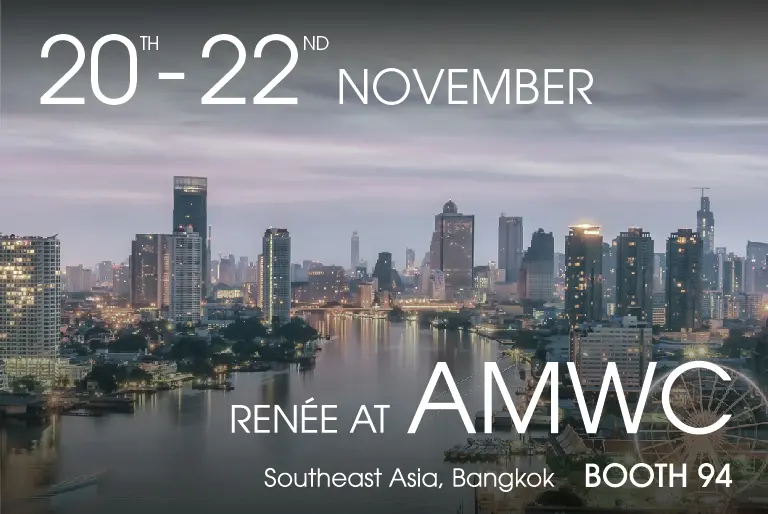 A city skyline of Bangkok at dusk with text: "20th-22nd November, RENÉE at AMWC, Southeast Asia, Bangkok, Booth 94.