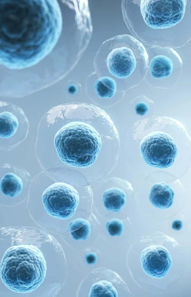 A 3D illustration of multiple blue cells with visible nuclei, floating in a light blue environment, representing microscopic biological or stem cells for a company medical presentation.