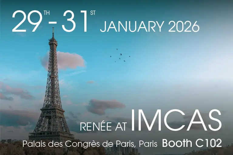 The Eiffel Tower against a blue sky with clouds. Text reads: "29th-31st January 2026. Renée at IMCAS. Palais des Congrès de Paris, Paris. Booth C102.