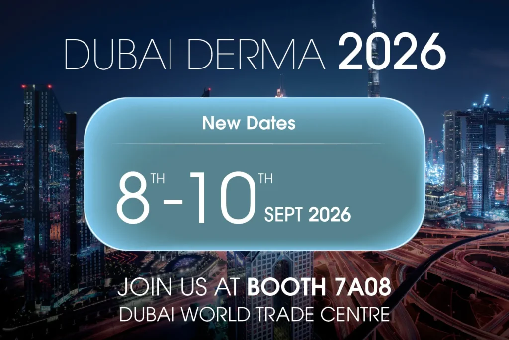 Promotional graphic for Dubai Derma 2026. Text displays event dates: 8th-10th September 2026, and location: Booth 7A08, Dubai World Trade Centre, over a cityscape background.