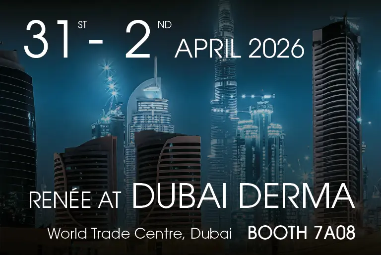 Promotional graphic for Dubai Derma event, held April 31 to April 2, 2026, at the World Trade Centre in Dubai. The booth number is 7A08. City skyscrapers and Burj Khalifa are visible in the background.