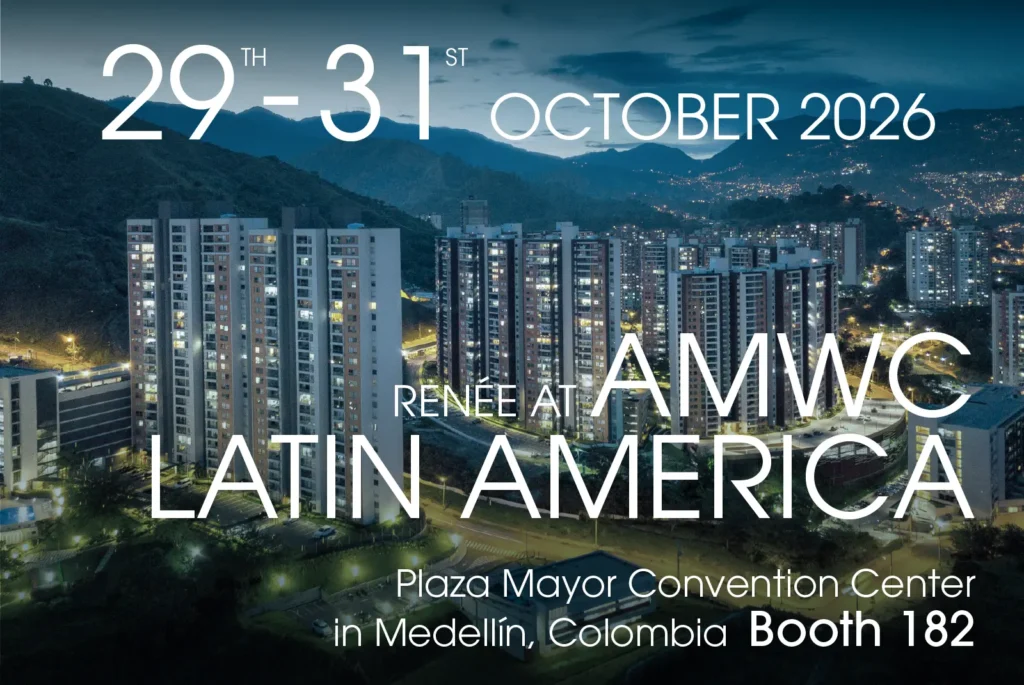 Cityscape at dusk with tall buildings. Text: "29th–31st October 2026, RENEE at AMWC Latin America, Plaza Mayor Convention Center, Medellín, Colombia, Booth 182.