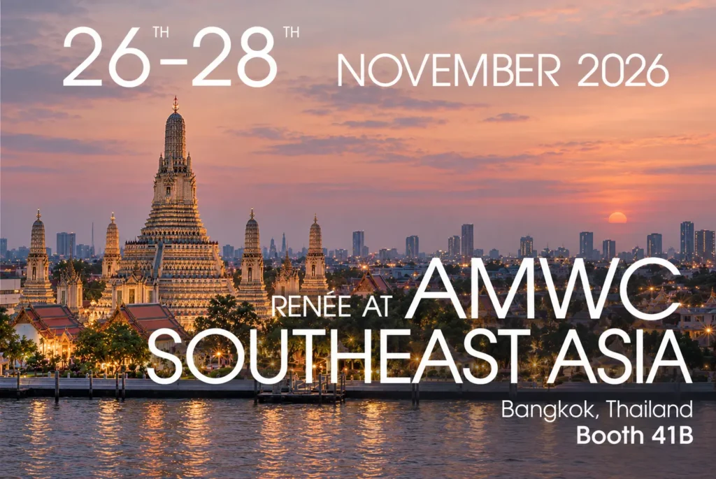 Event poster for AMWC Southeast Asia in Bangkok, Thailand, from November 26–28, 2026, featuring the Wat Arun temple at sunset and booth number 41B.